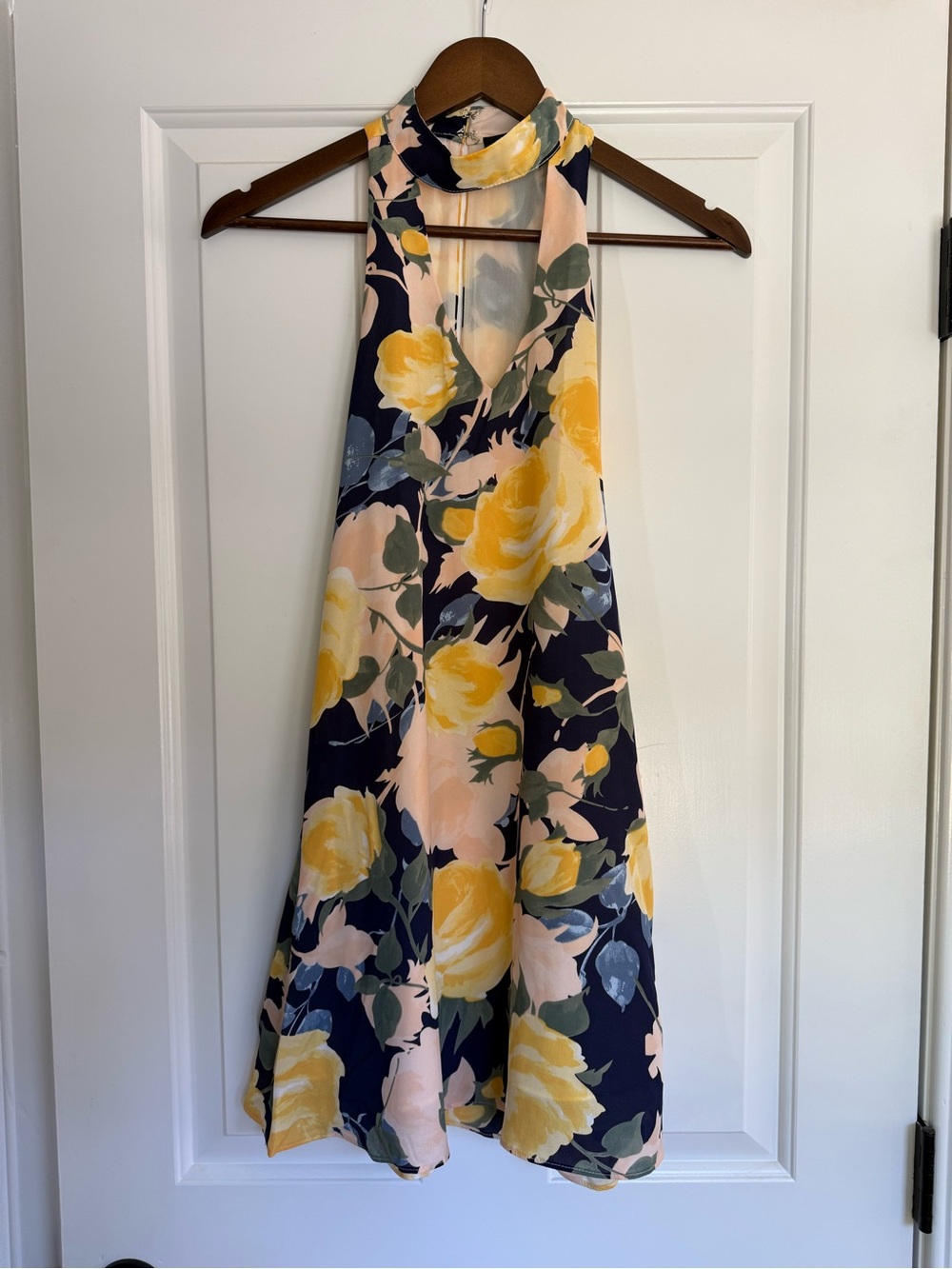 Lulu's Navy One-Shoulder Floral Swing Dress with Yellow Roses